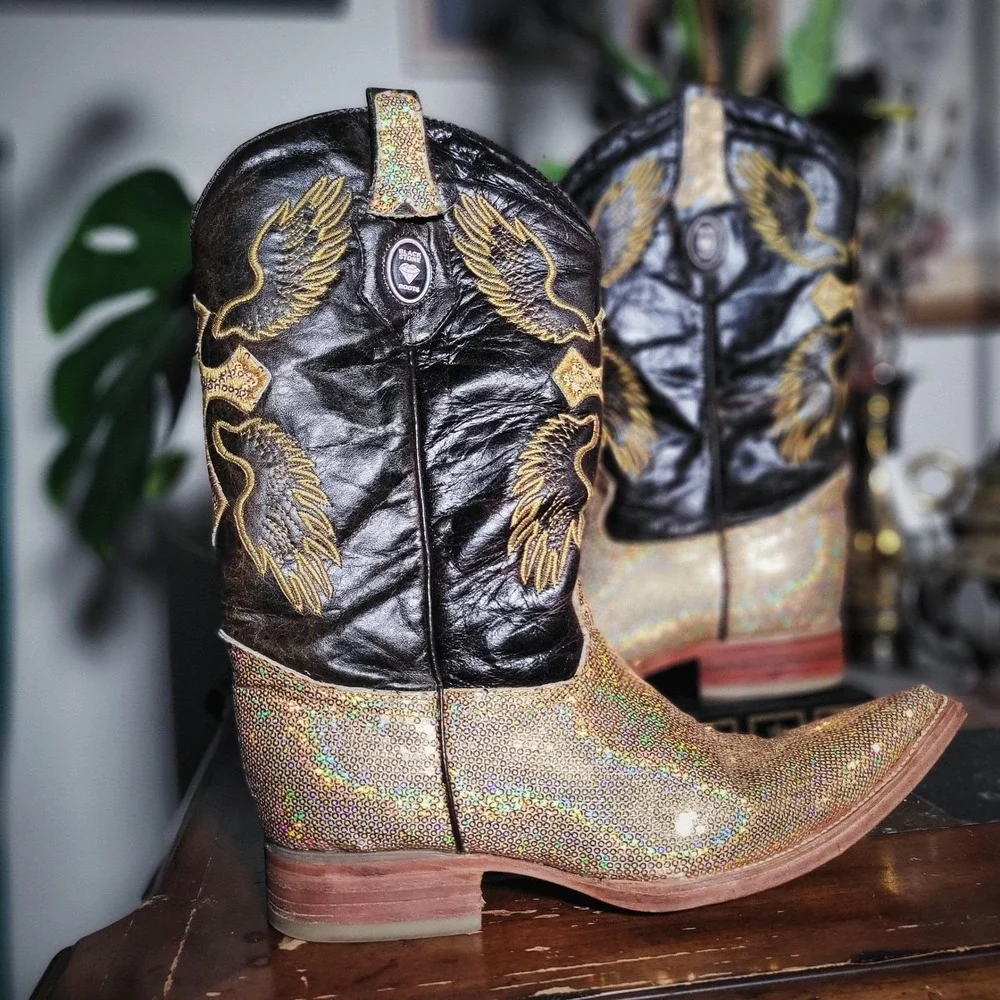 Vintage Y2K Black Stone Cowboy Boots Eagle Sequin Western Mexico Leather Mens 11